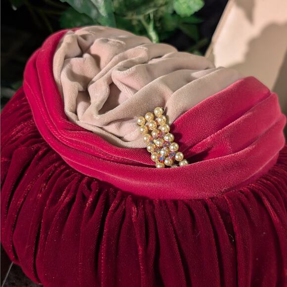 Vintage MCM Roberta Bernays Velvet Bubble Hat Pearl Rhinestone Mid Century Pink